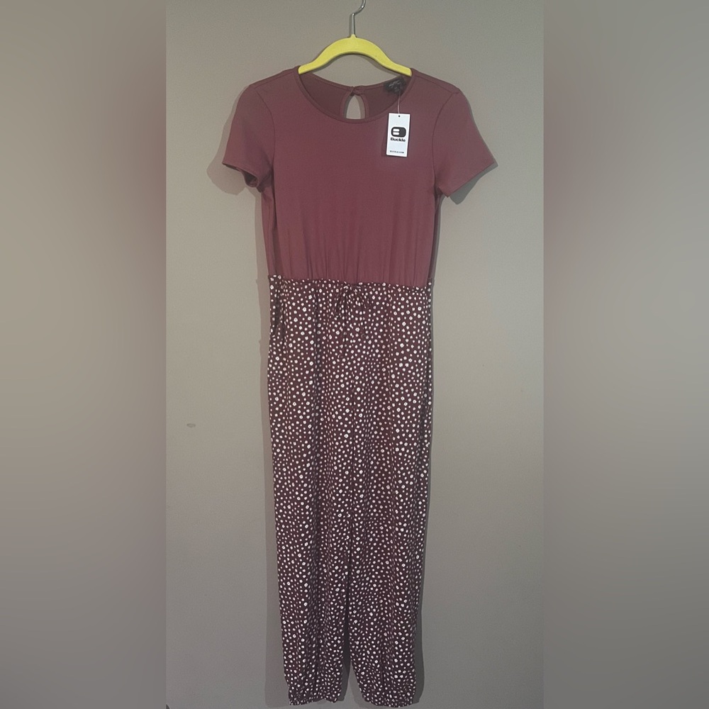 Mauve Short Sleeve Polka Dot Waist Tie Jump Suit